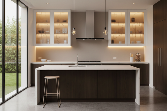 Reeded and frosted pattern glass cabinet door inserts in a contemporary kitchen — Chicago Glass Company custom cut